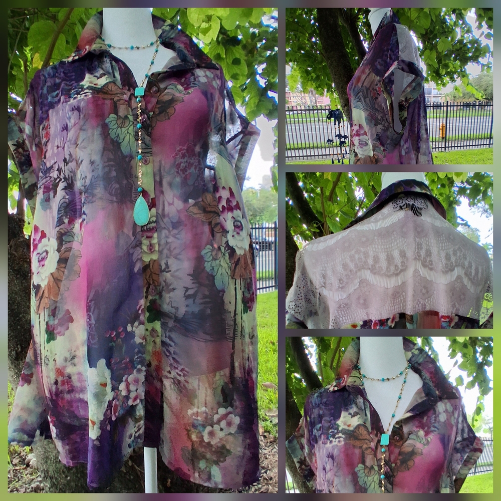 🔥 I jeans by Buffalo Floral Sheer Blouse - Purple Pink Size M EUC & FREE GIFT